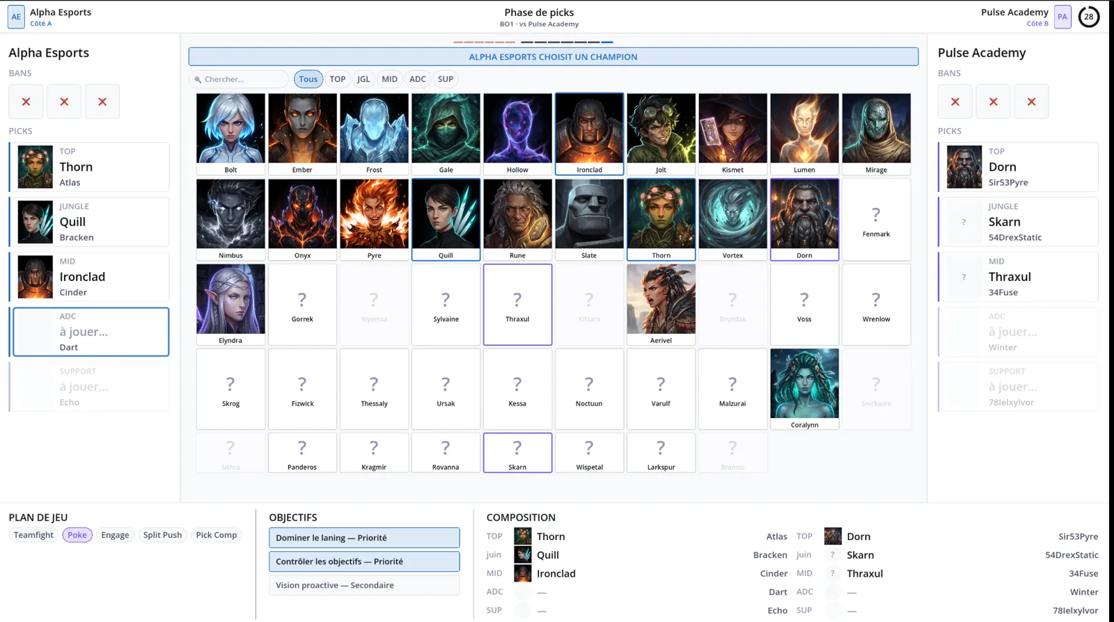 Écran de draft et de choix des champions